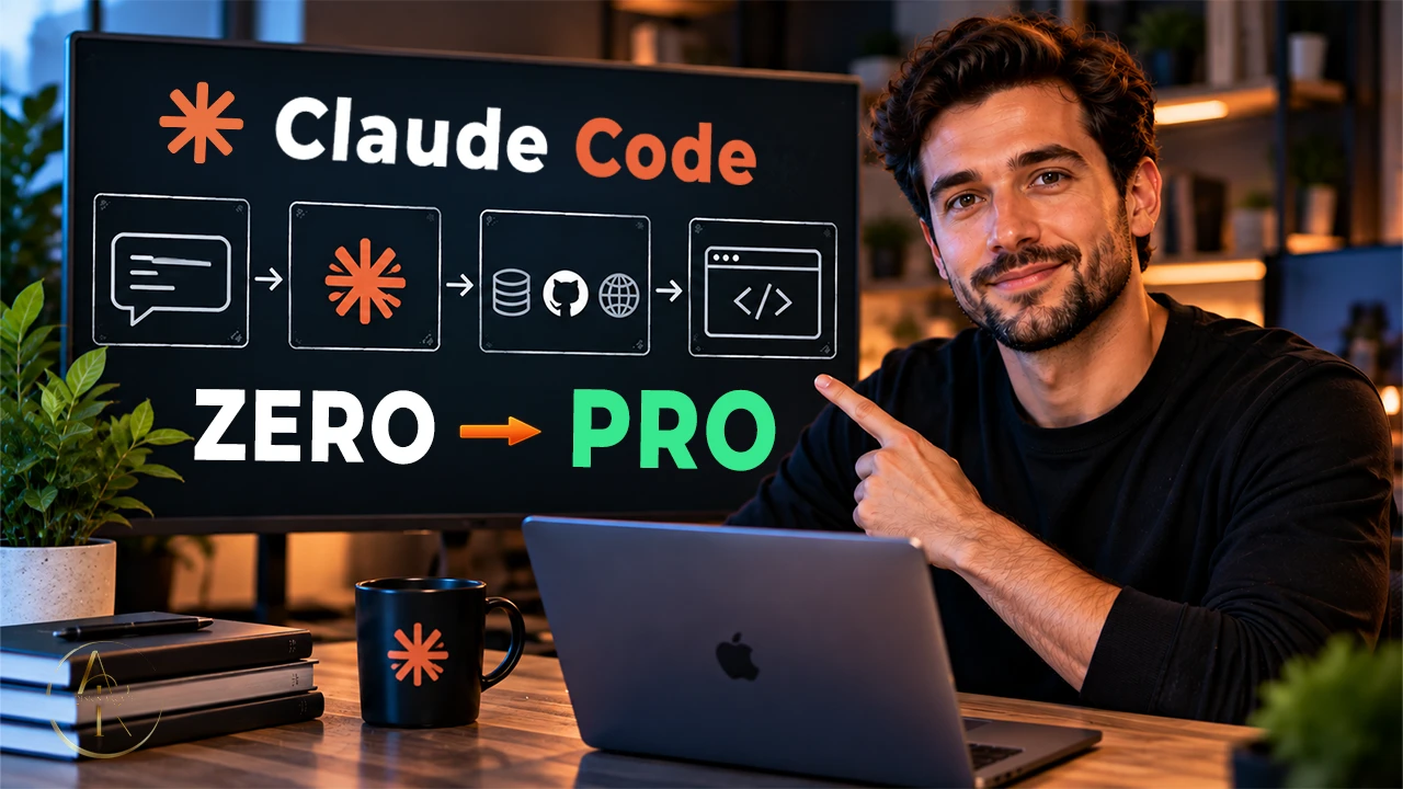 Presenter at a desk with Claude Code interface and ZERO TO PRO text.