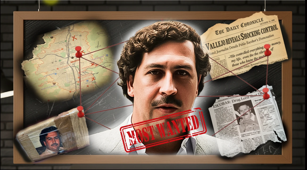 Escobar portrait with map, documents and a classified-style stamp.