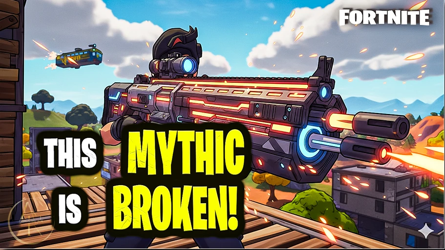 Fortnite character with an oversized colourful weapon and short bold headline.