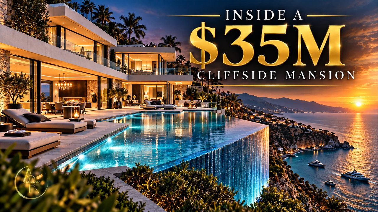 Illuminated luxury mansion and swimming pool at dusk.