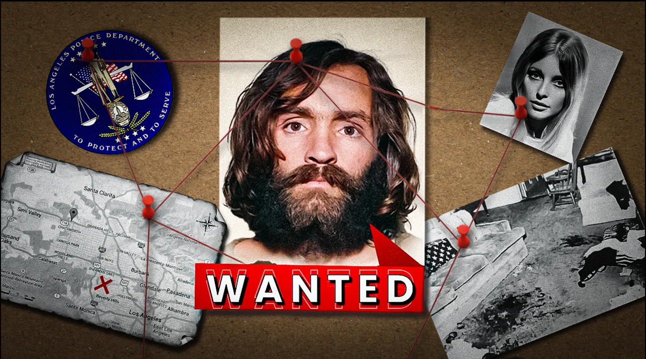 Charles Manson portrait surrounded by archival-style papers and a WANTED stamp.
