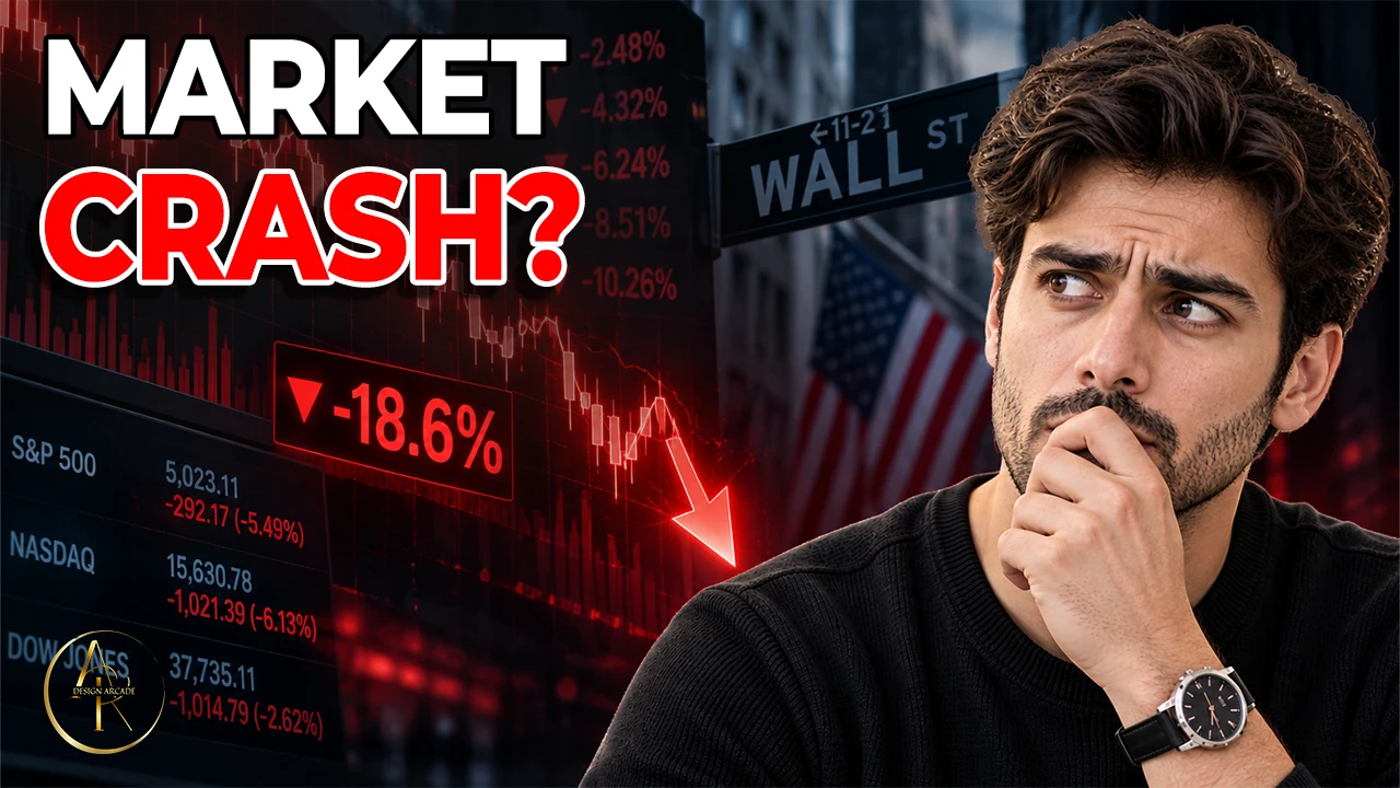 Concerned subject beside a red stock-market chart.