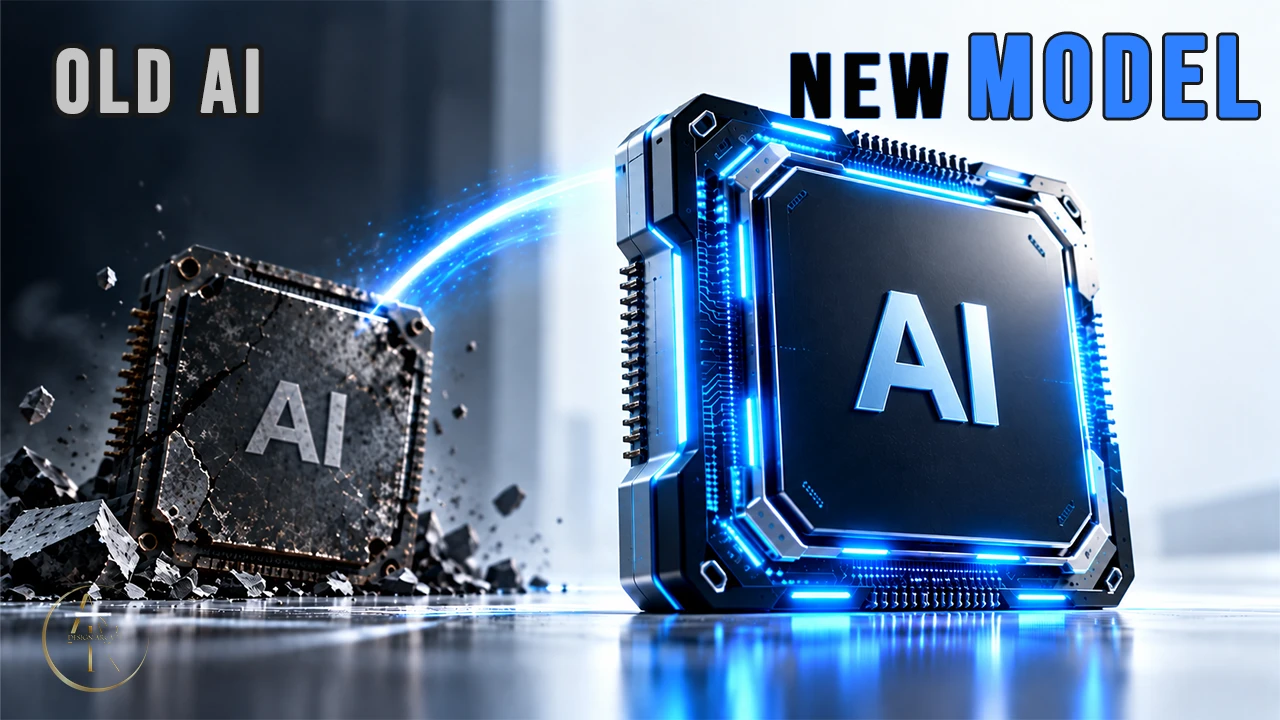 Two AI blocks contrasted as old technology and a new model.