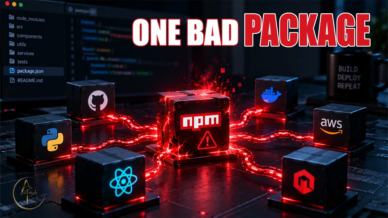 Glowing red npm package linked to software platform blocks.