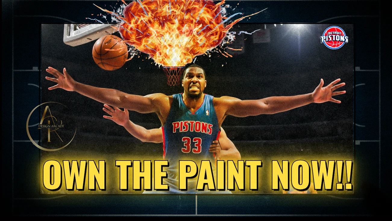 Basketball player with ball and fiery graphic treatment.
