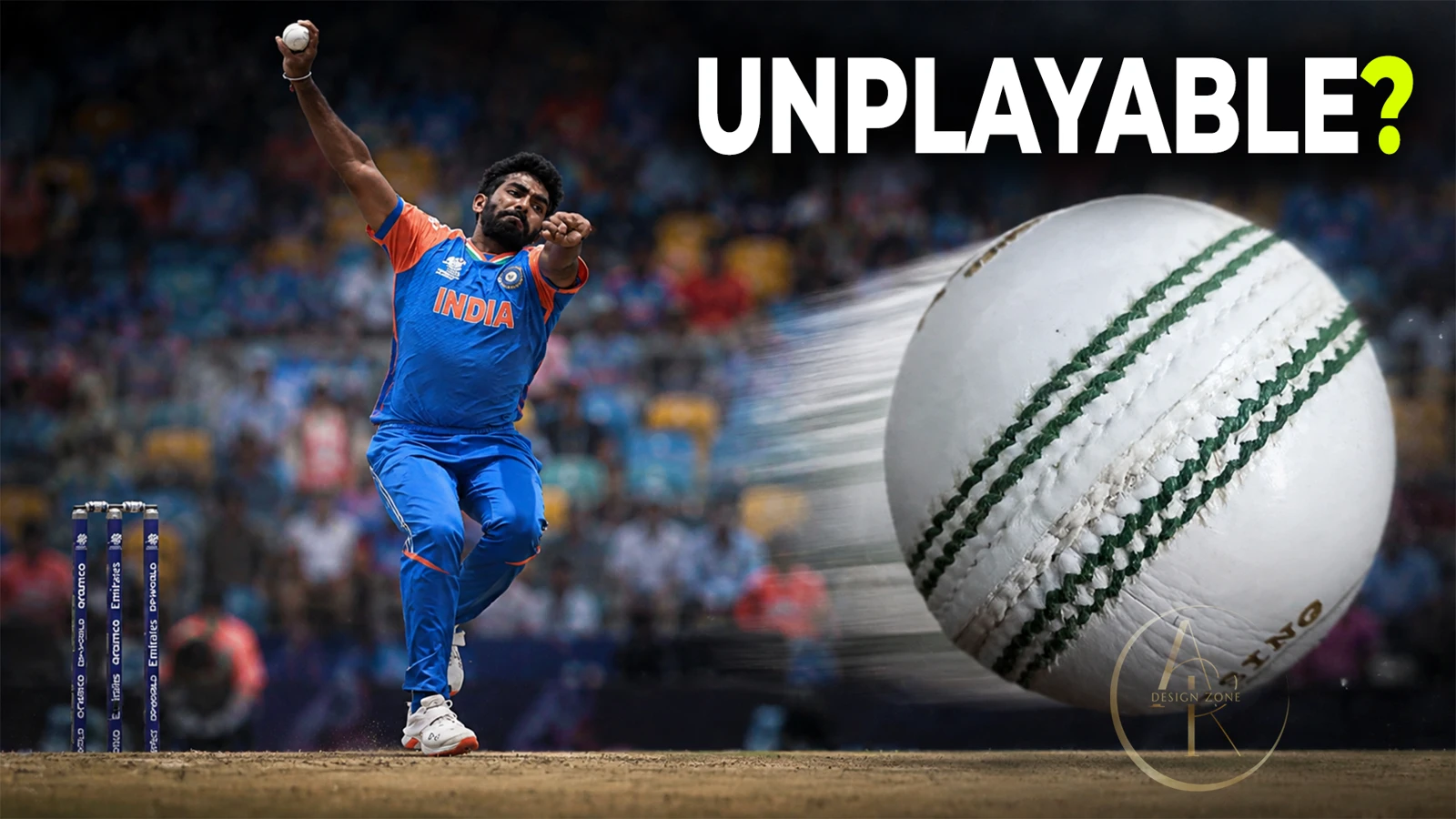 Cricket player beside a large cricket ball and the word UNPLAYABLE?