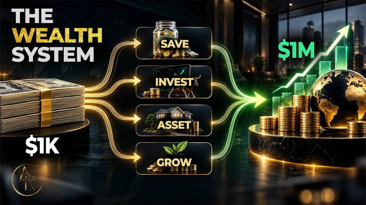 Golden investment paths connecting savings, assets and growth.