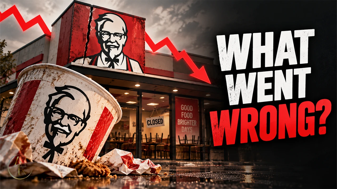 KFC restaurant beside a descending red chart and the words WHAT WENT WRONG?